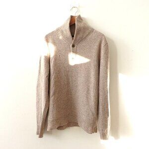 Beige‎ Wool Sweater Men Large J CREW Knit Tan Lambswool Shawl Henley Button Neck